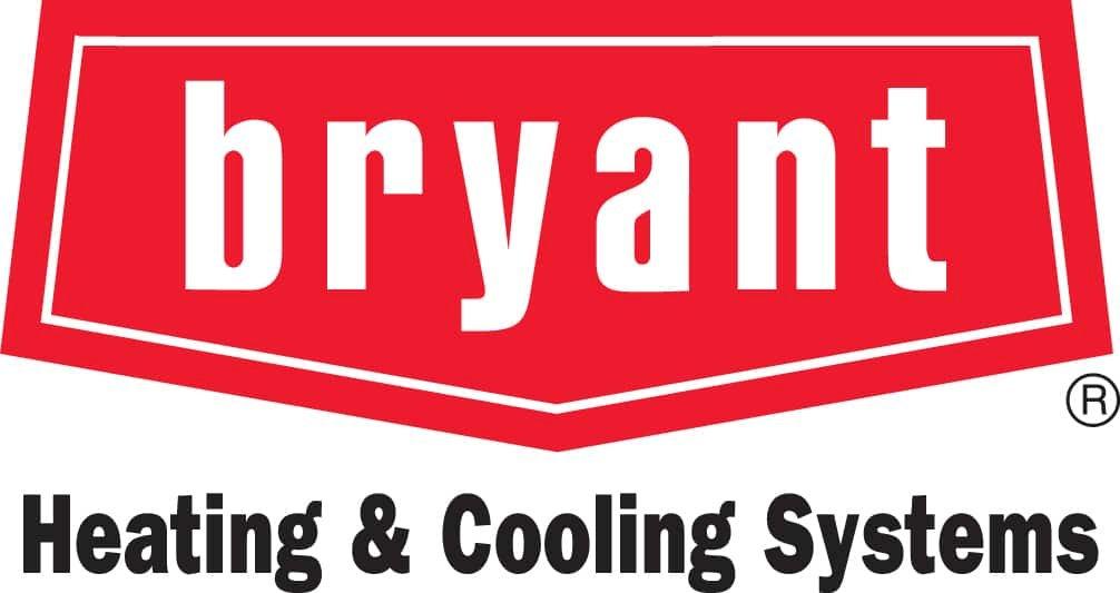 Bryant Heating & Cooling Systems logo in white and black writing against red and white background.