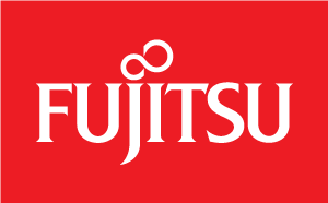 Fujitsu logo in white writing against a red background.
