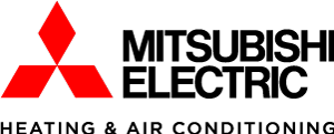 Mitsubishi Electric Heating & Air Conditioning logo in black writing with red Mitsubishi logo against white background.
