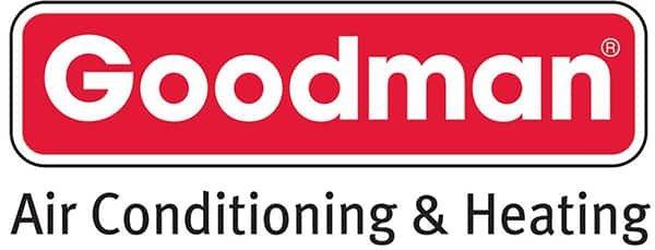 Goodman Air Conditioning & Heating logo in white and black letters against red and black background.