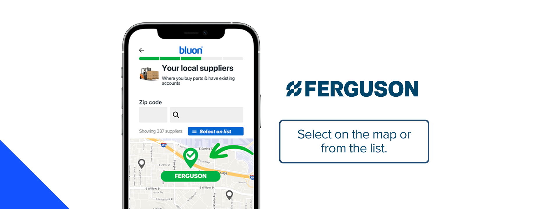 Screenshot of selecting Ferguson as your local supplier on the Bluon app.