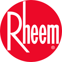 Rheem logo in white writing against red background.