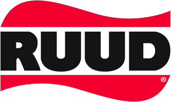 Ruud logo in black whiting against red and white background.