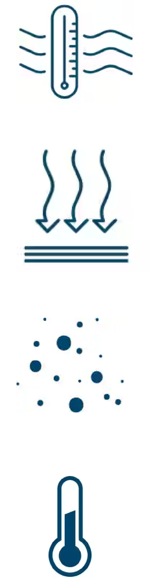 From top to bottom: icon of outdoor thermometer with three blue lines around it to indicate air temperature; icon of three wavy arrows pointing down to three stacked lines to indicate air pressure; icon of different-sized blue dots to indicate air particulates; icon of thermometer to indicate temperature.