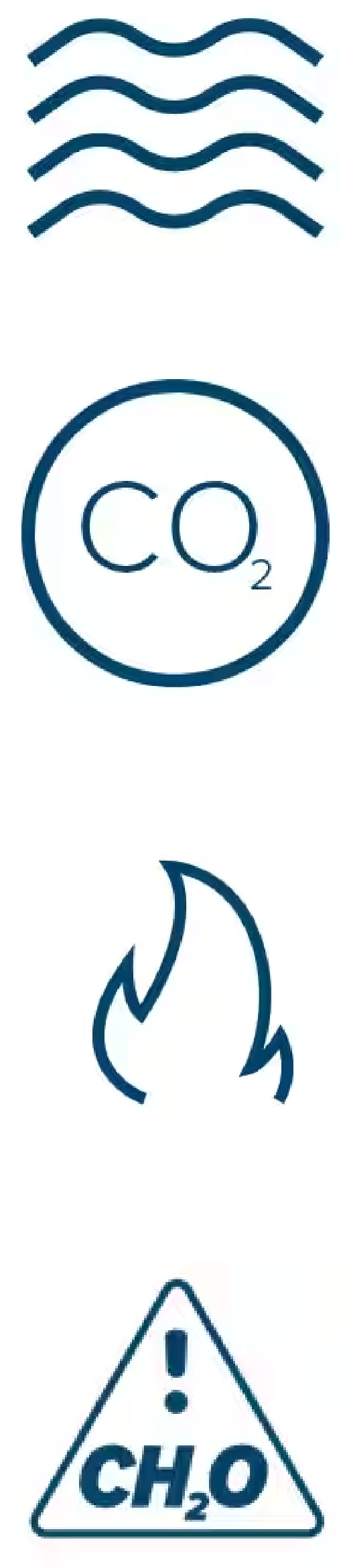 From top to bottom: icon showing four wavy blue lines to indicate humidity; icon of a circle with the text CO2 inside; icon of flame to indicate volatile organic compounds; icon of a triangle with an exclamation point inside it and CH2O written underneath it to indicate formaldehyde.