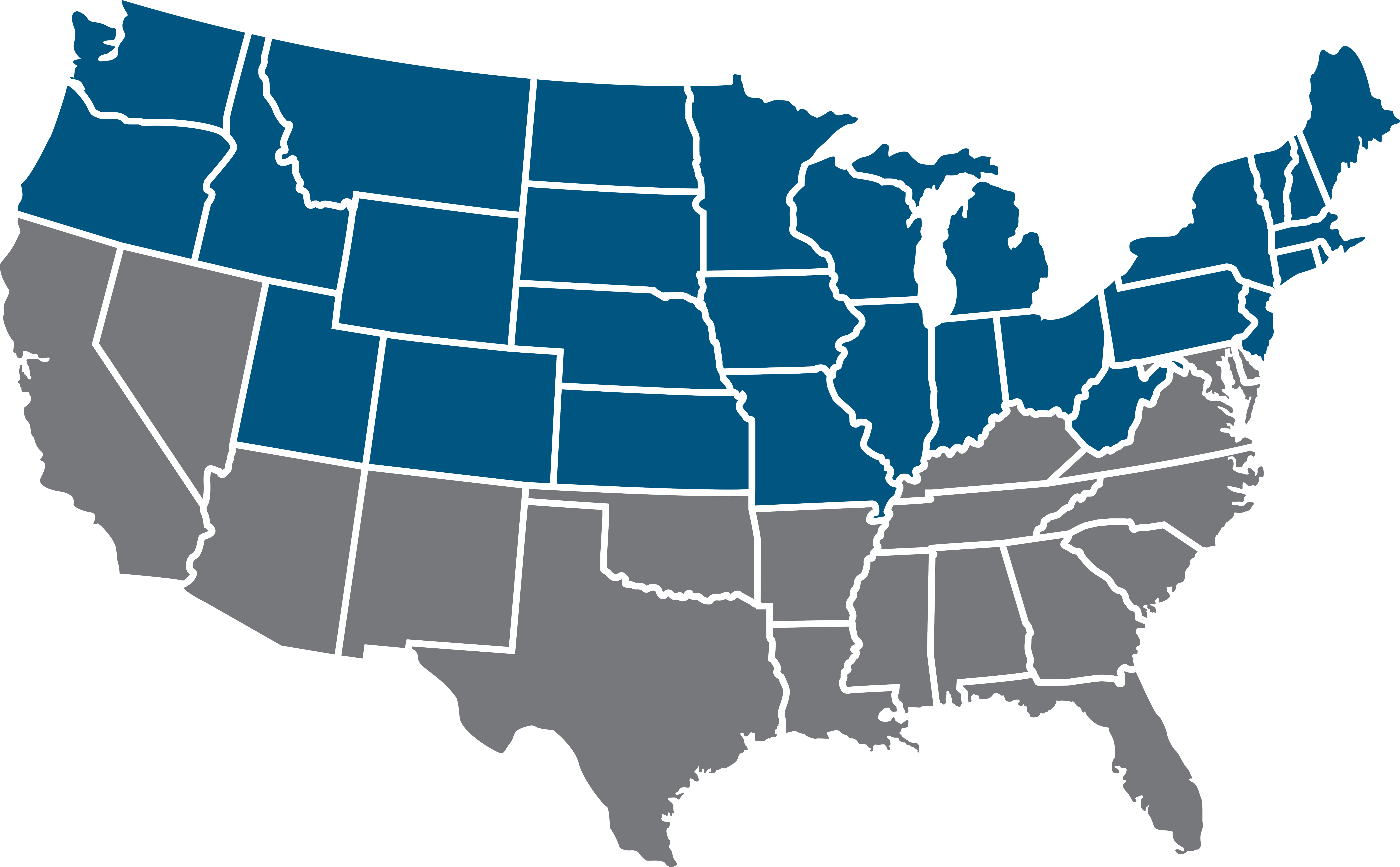 Map of the United States, with the North Region in light blue, the Southwest region in gray blue, and the South Region in dark blue.