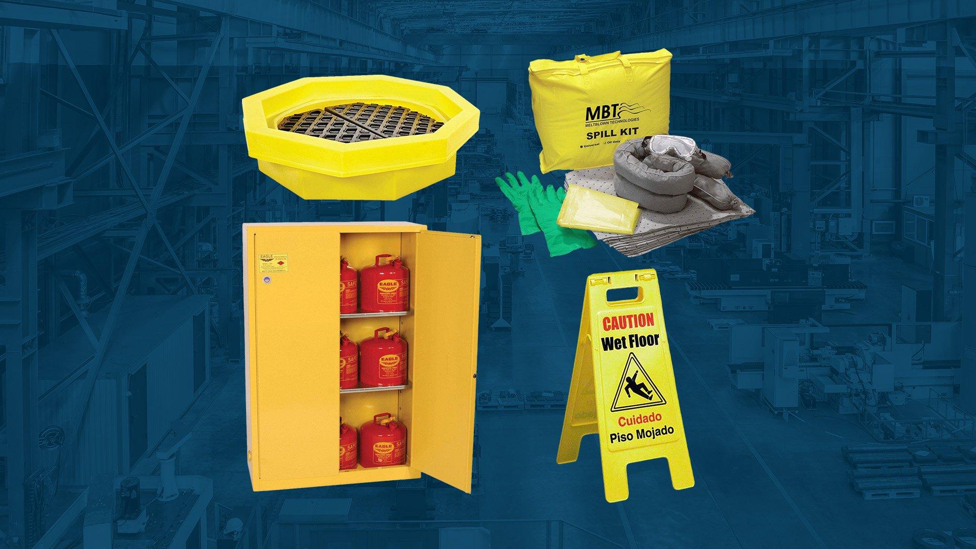 A shaded blue graphic with a Spill Kit, Caution Sign, Safety Cabinet and other spill prevention products in the foreground.