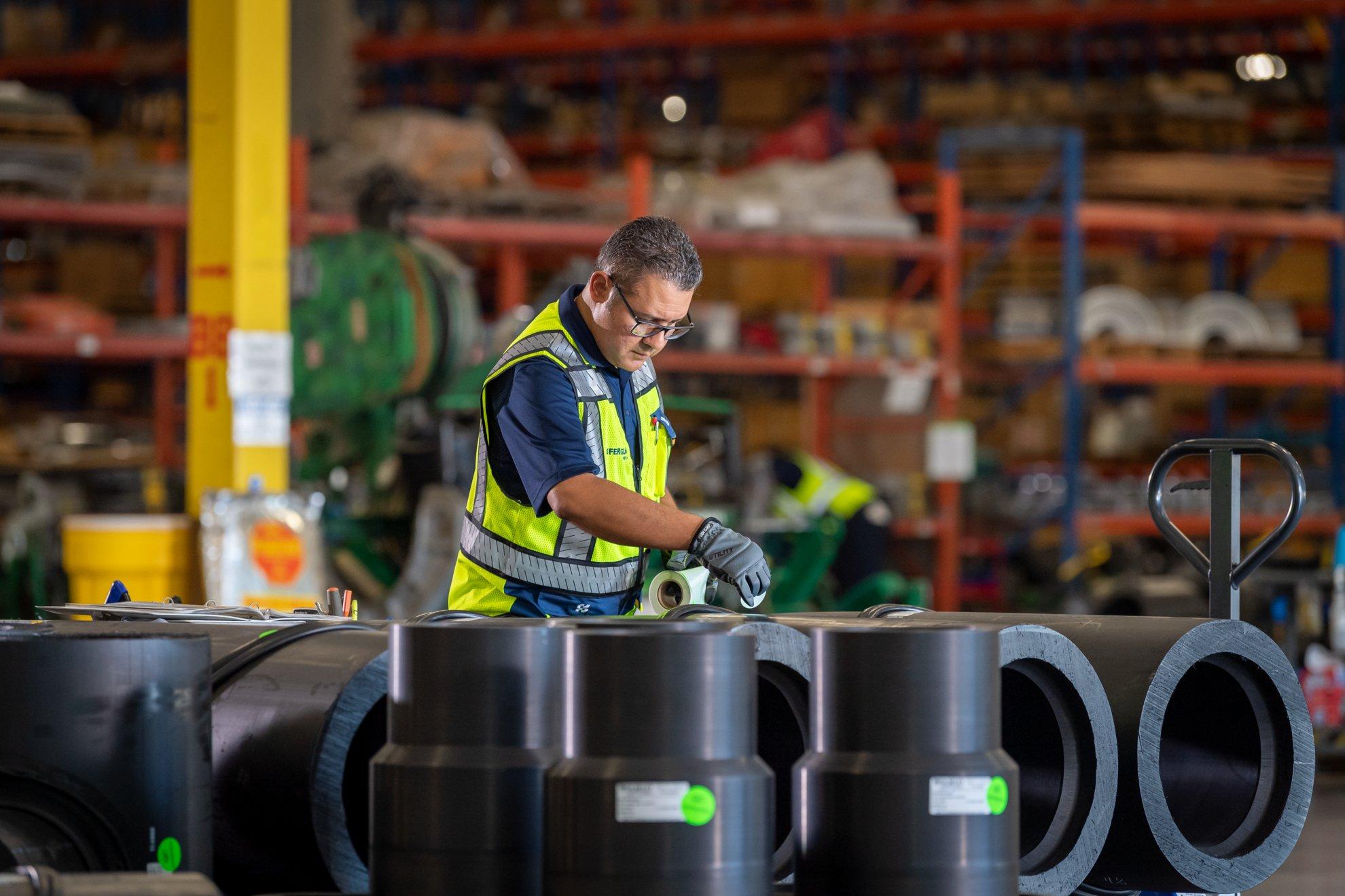 A Ferguson associate examines pipe before bundling them with shrink wrap.