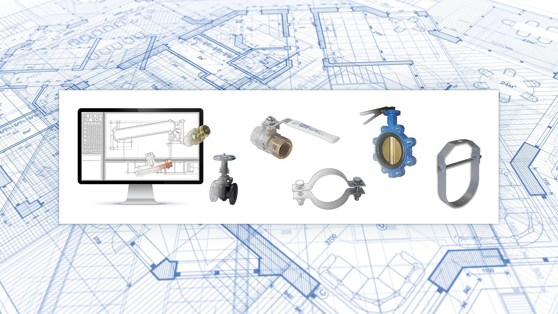 Blueprint background featuring a computer monitor displaying a schematic, alongside various industrial valve designs and parts.