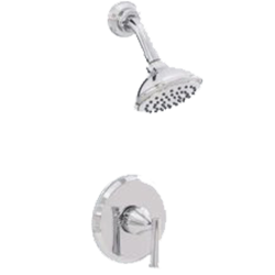 A chrome shower head and faucet.