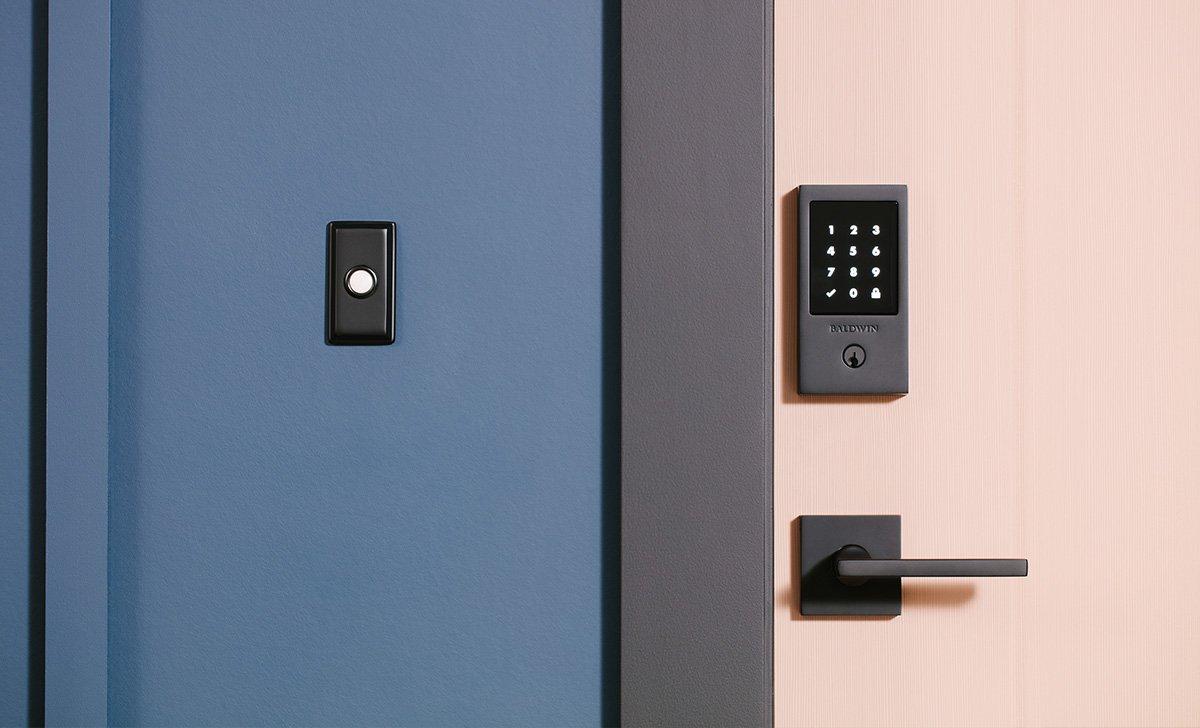 Front door with a black electronic keyless entry keypad