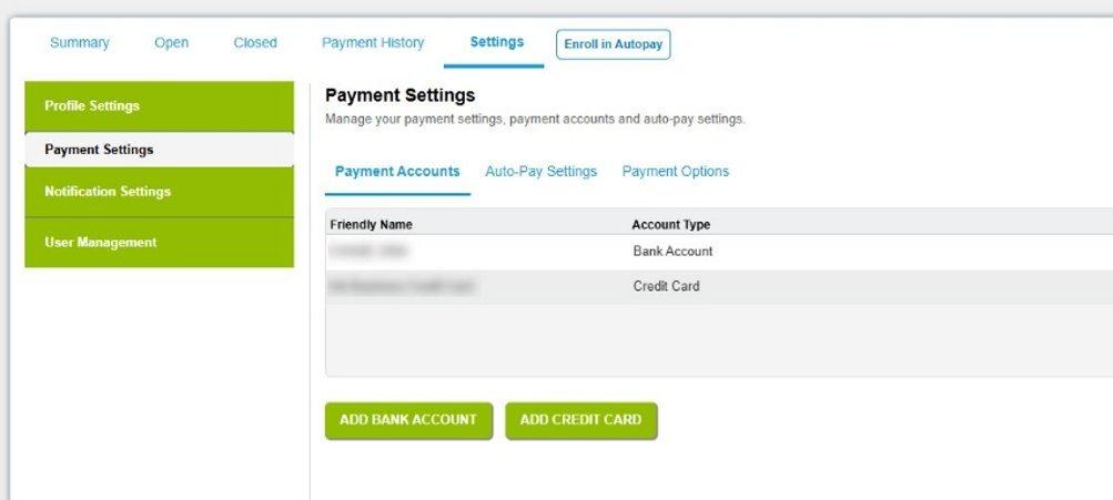 View of Settings tab on Online Bill Pay, with Payment Accounts to edit or delete.