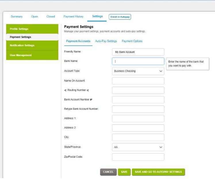 View of Settings tab on Online Bill Pay, with form fields to enter a new bank account for a payment account.