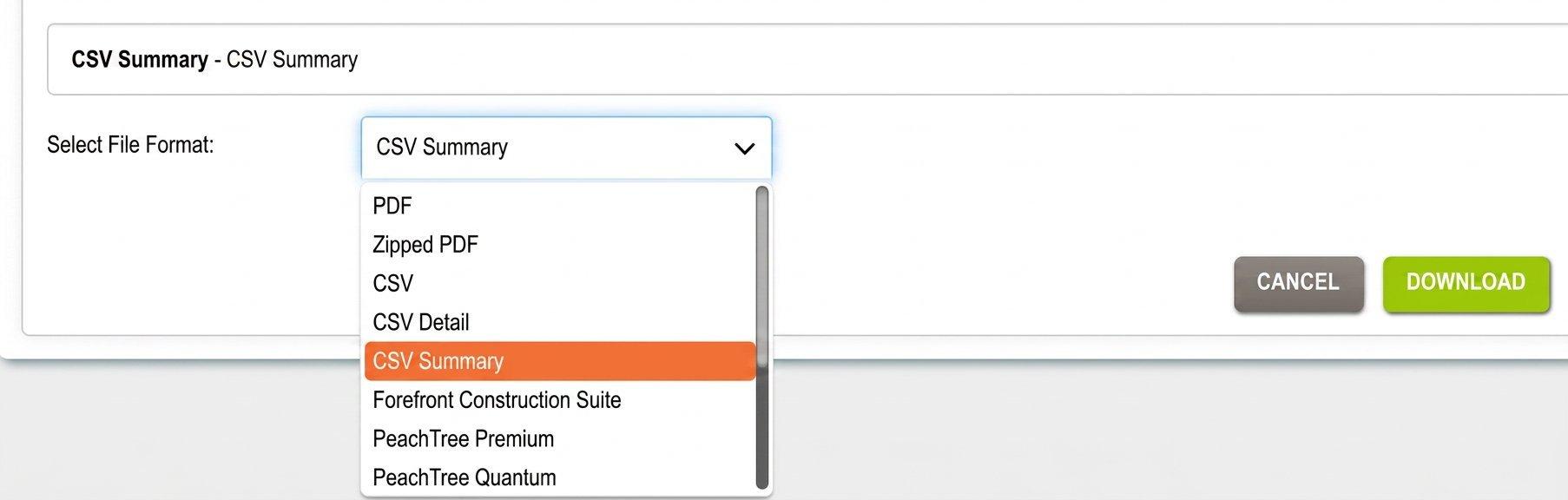 View of Open tab on Online Bill Pay, with a dropdown menu of file format to select and the Download button outlined in red.