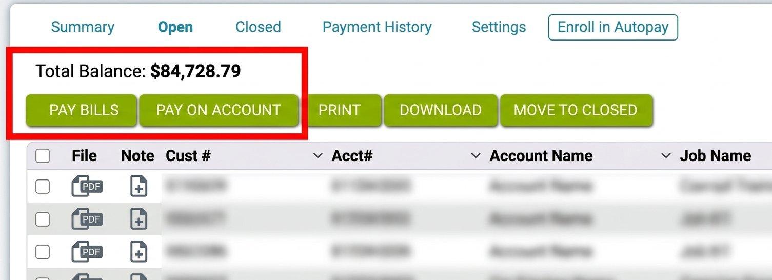 View of Open tab on Online Bill Pay, with Pay Bills and Pay on Account buttons at top outlined in green.