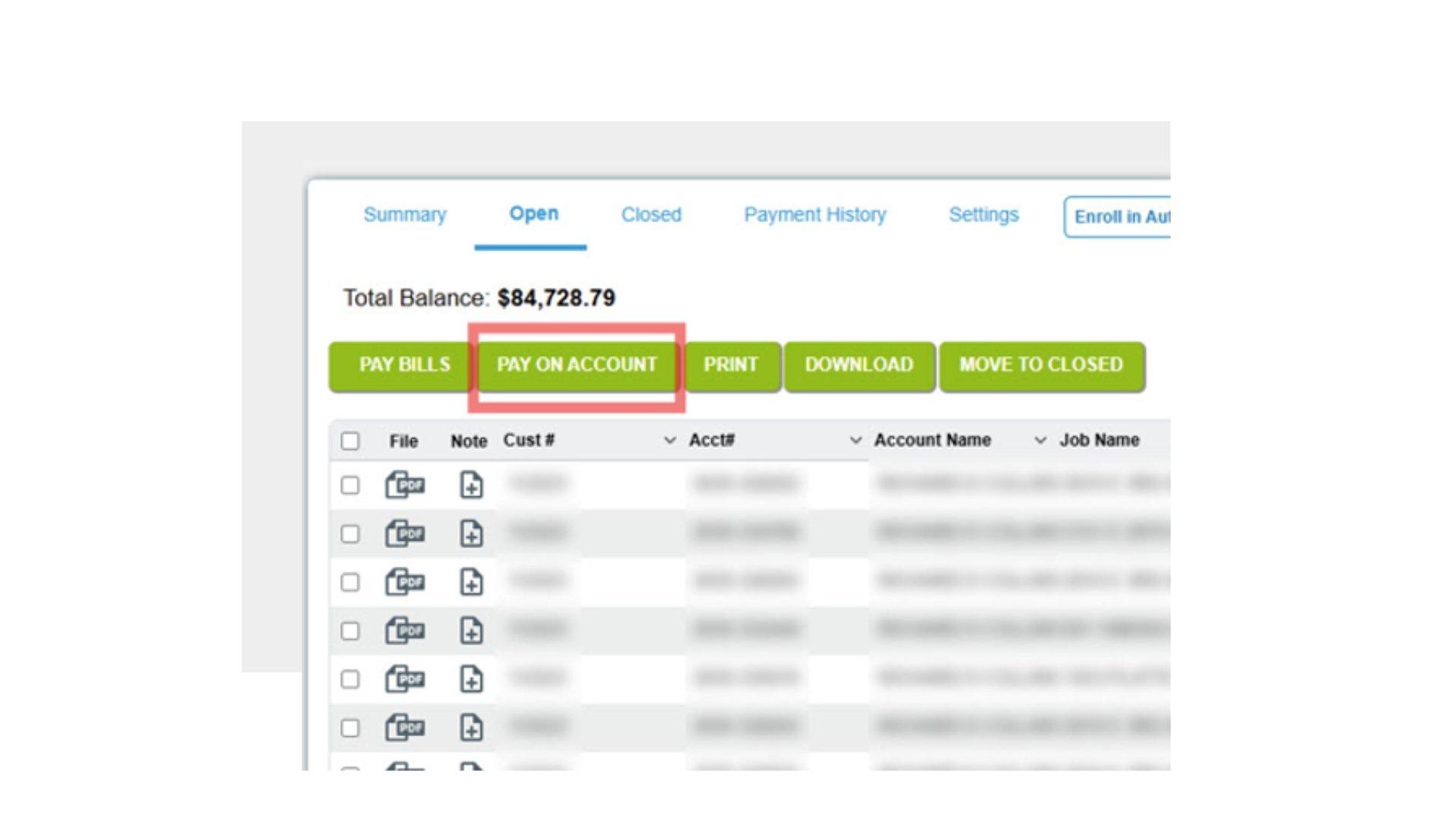View of Open tab on Online Bill Pay, with Pay on Account button on the top outlined in green.