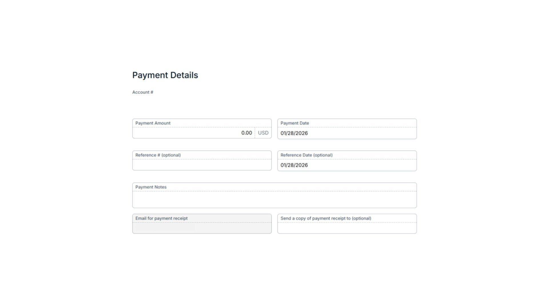 View of Payment Details screen on the Open tab of Online Bill Pay, with fields of payment details to enter under the selected payment account.