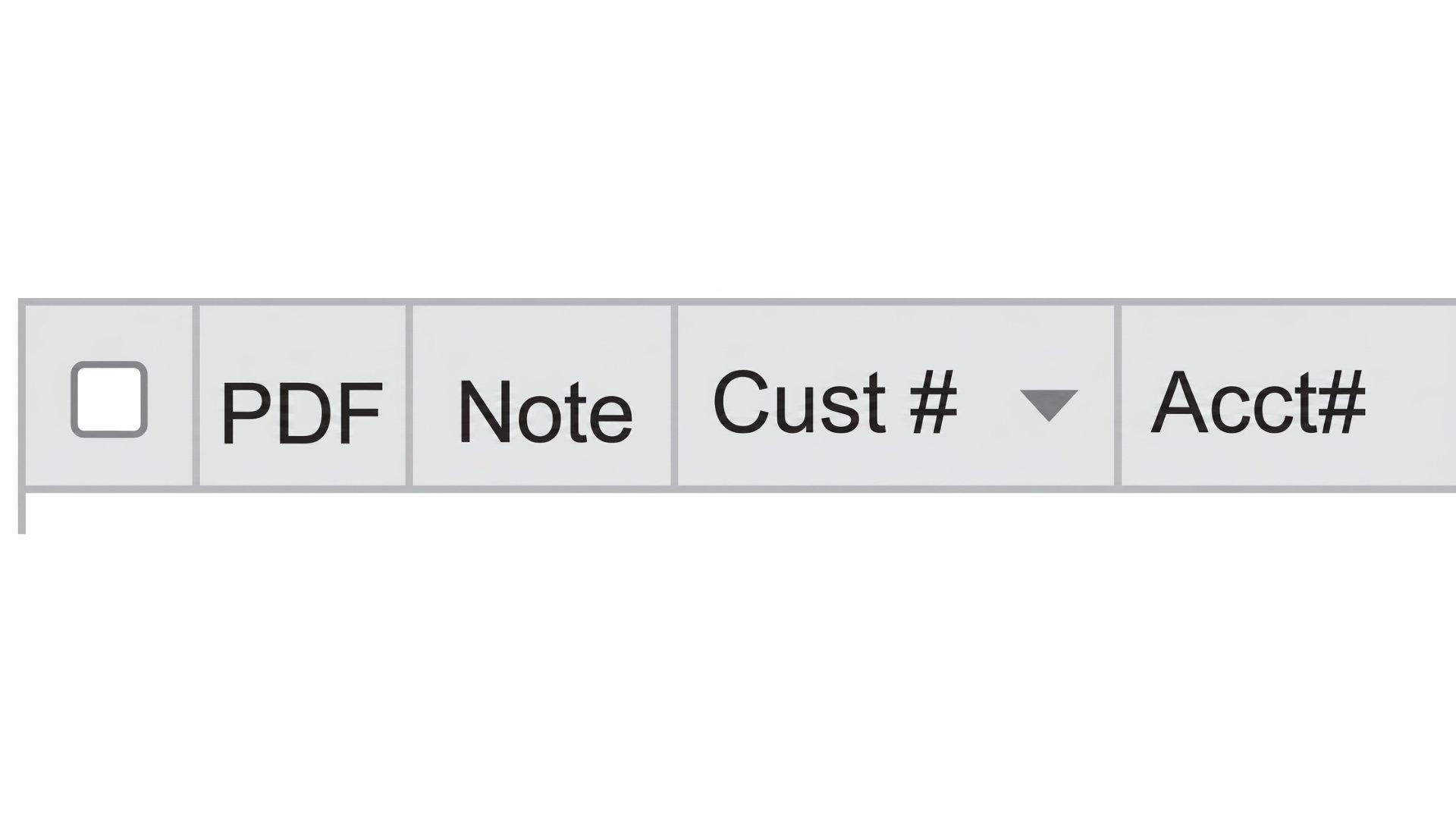 View of gray column headers at top of invoices, with PDF, Note, Customer Number and Account Number.