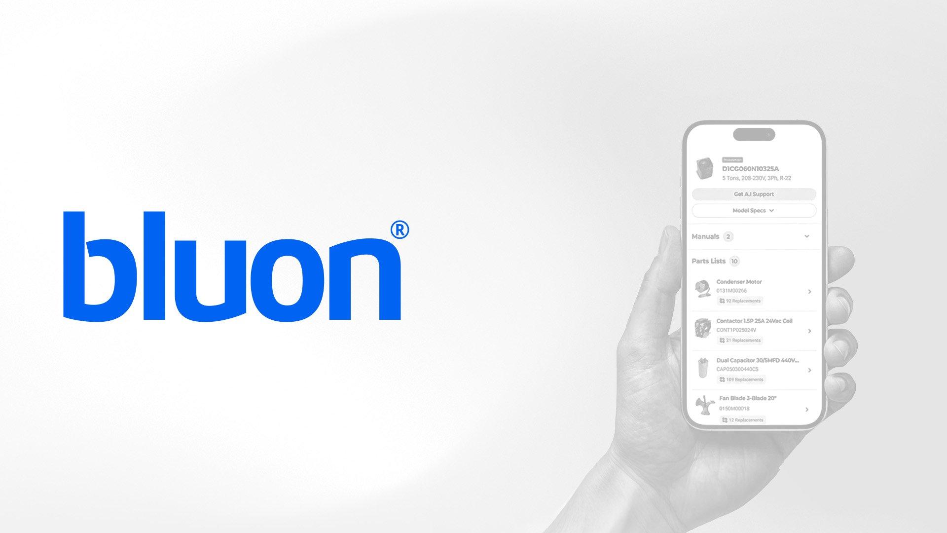 Bluon logo beside hand holding cellphone with searchable Bluon database on the screen. 