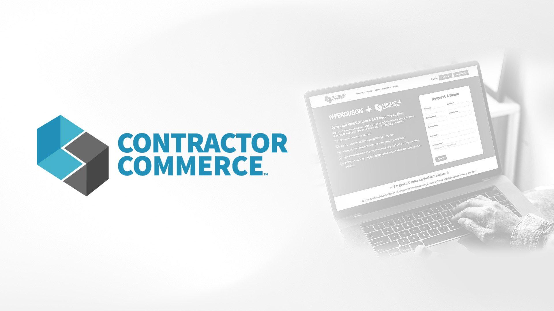 Contractor Commerce Logo beside open laptop with Ferguson and Contractor Commerce information web page opened. 