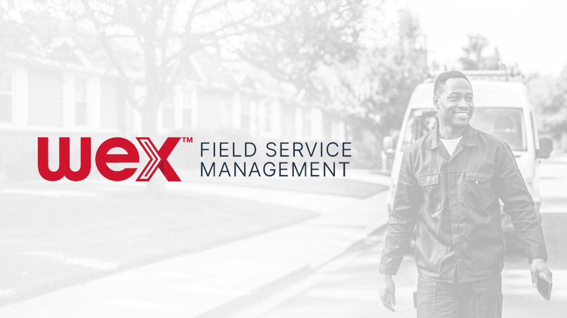 Wex logo overlays a lifestyle image of contractor walking down the street smiling in front of work van. 