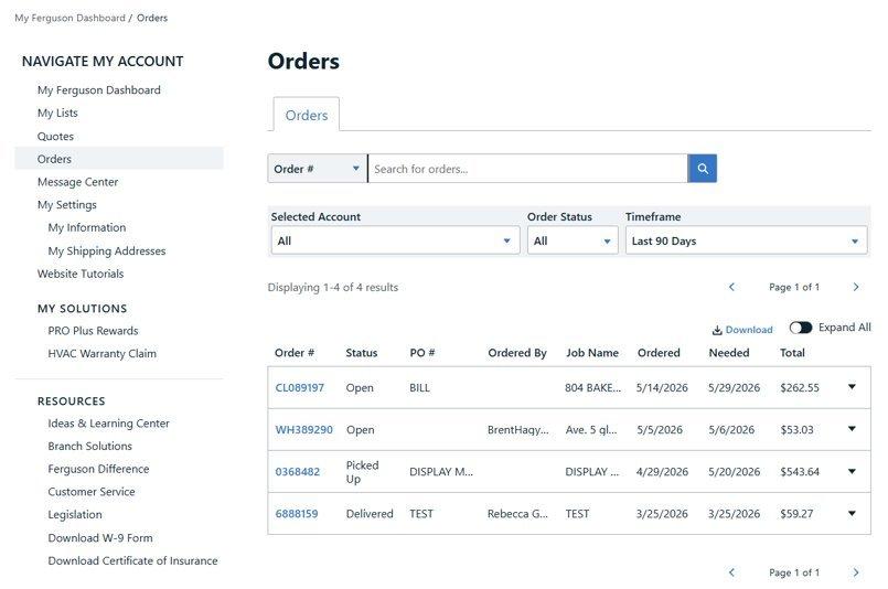View of the Orders screen with several orders listed showing order number, status, date ordered and by whom, PO number, Job Name, needed by date and total.