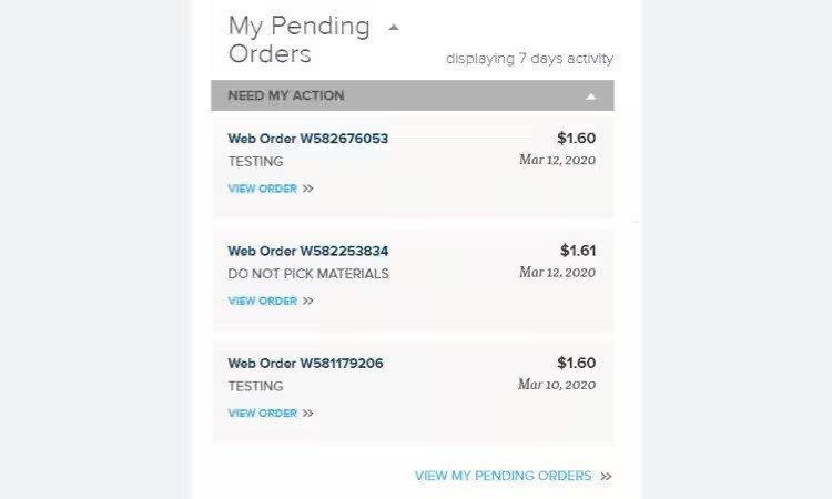 View of My Pending Orders on Dashboard, showing three pending orders.