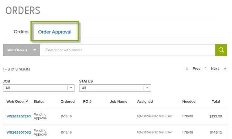 View of Order Approval tab on Orders screen, with a list of all jobs shown and Order Approval outlined in green.