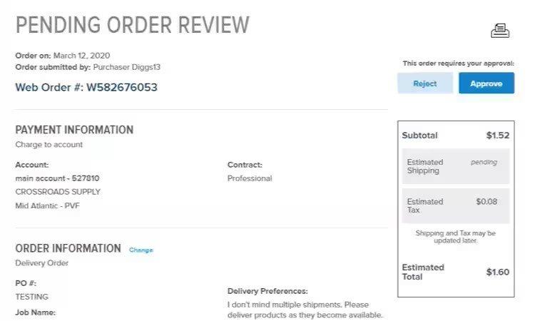 View of Pending Order Review screen, with payment information and order information, as well as subtotal and buttons to reject or approve.