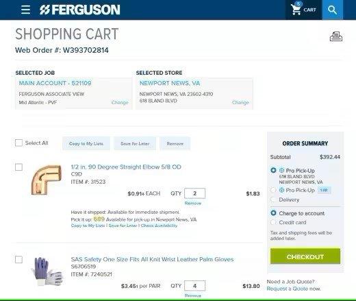 View of Ferguson shopping cart with Pro Pick-Up and store selected under the order summary.
