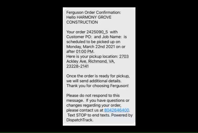 Screenshot of a text from Ferguson with order confirmation details.