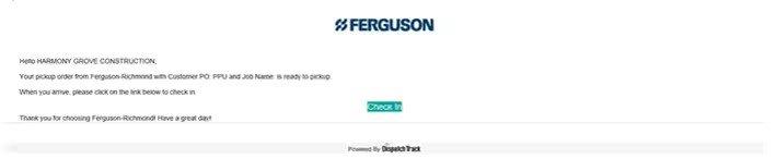 Screenshot of an email from Ferguson showing an order is ready for pickup with a green Check in button.