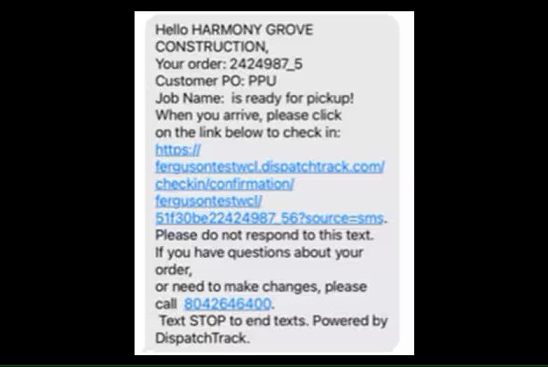 Screenshot of a text from Ferguson showing details of an order ready for pickup and a hyperlink to click to check in upon arrival.