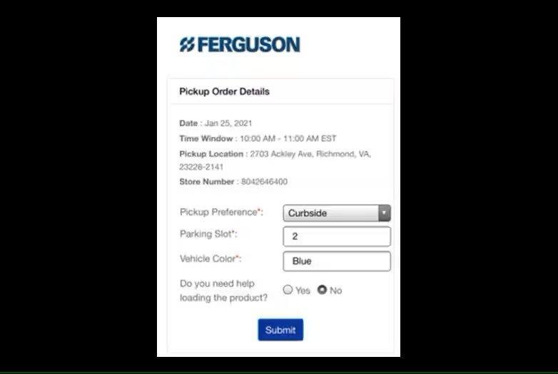 Screen shows pickup order details and Curbside is selected in the dropdown menu, along with parking spot details and vehicle color. A blue Submit button is at the bottom.
