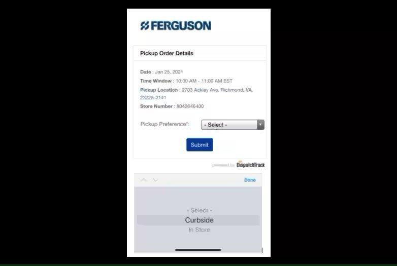 View of order pickup details screen with a pickup preference dropdown menu and Curbside selected at the bottom.