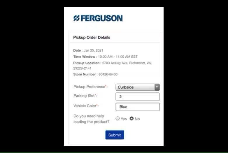 View of pickup order details screen with curbside pickup preference selected and fields for the parking slot and vehicle color, with a Submit button at the bottom.