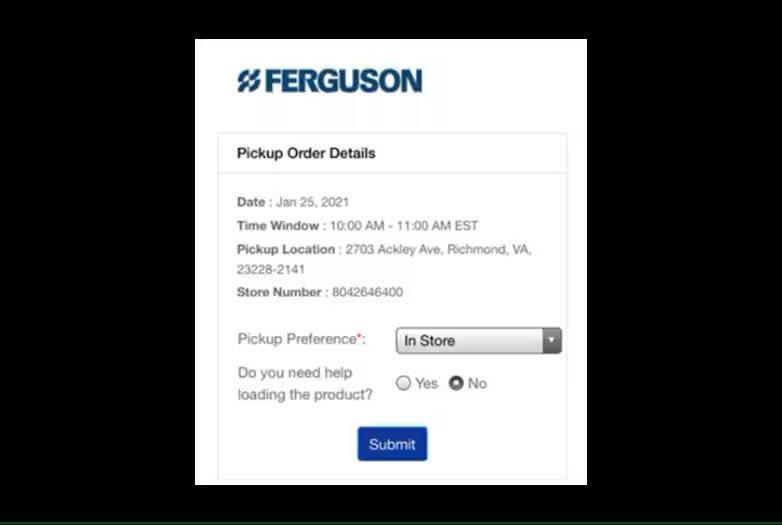 View of pickup order details screen with in-store pickup preference selected and a Submit button at the bottom.