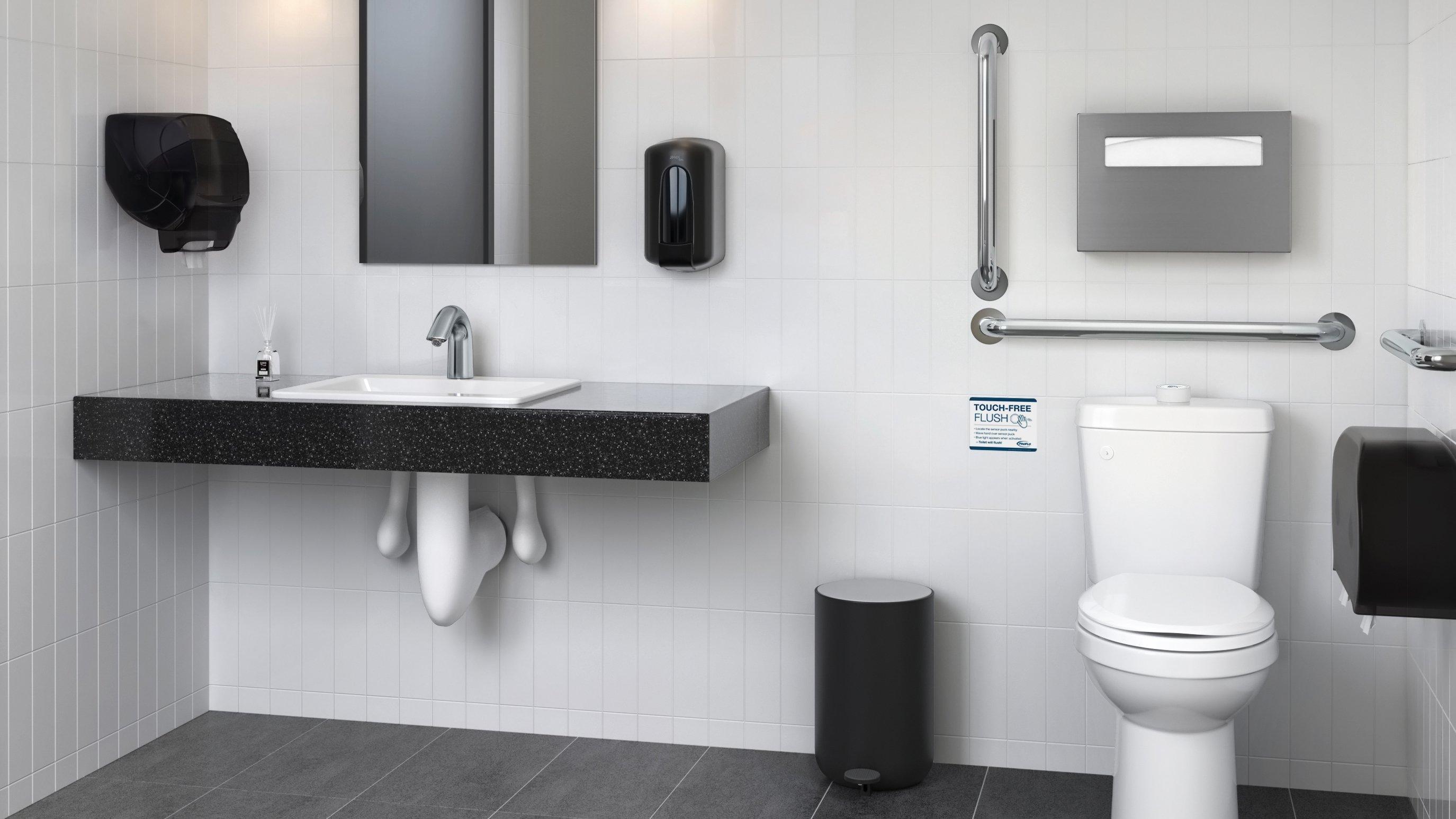 A commercial ADA-compliant single-user restroom, with grab bars, automatic soap and paper towel dispenser, and touchless faucet.
