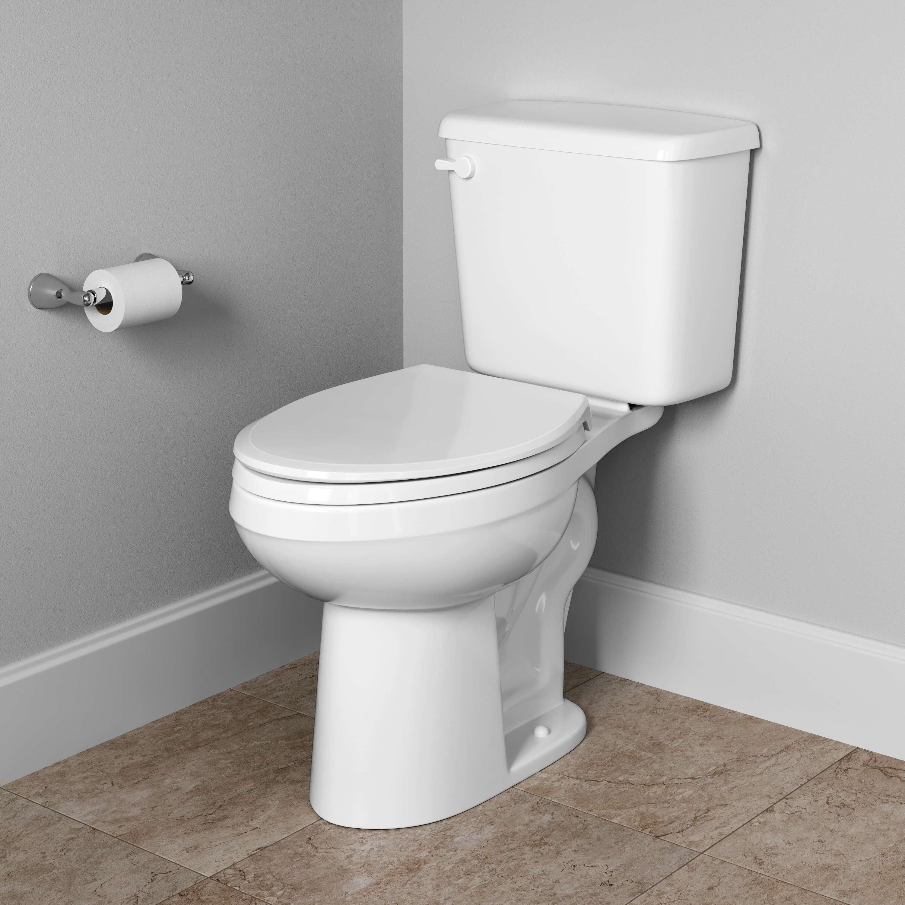 Lifestyle image of white, residential toilet installed in bathroom.
