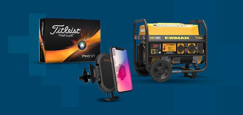 Product collage of golf balls, electric generator and cell phone holder against blue background. 