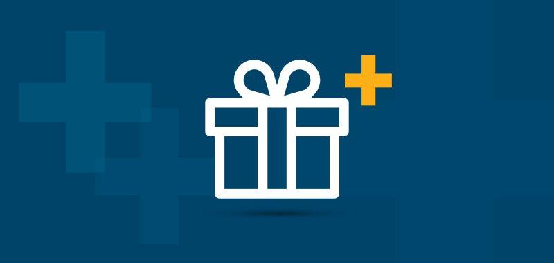 Present icon in white outline against blue background.