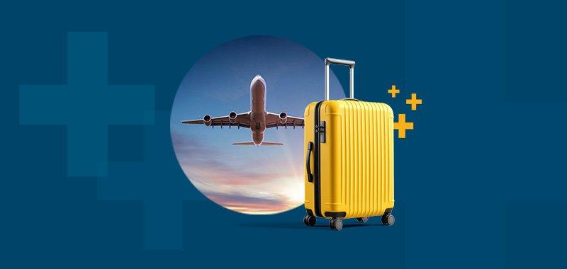 Image of airplane in the sky and yellow suitcase against blue background.