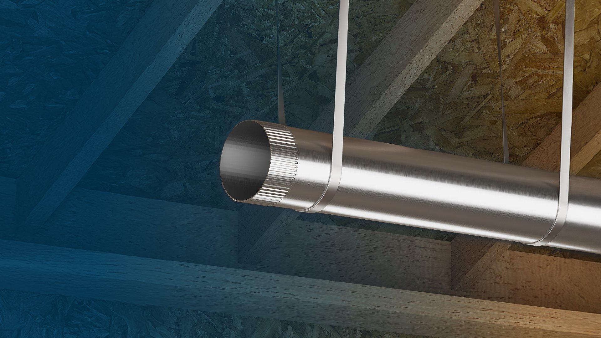 Lifestyle image of PROSELECT galvanized duct strap holding pipe in unfinished room. 