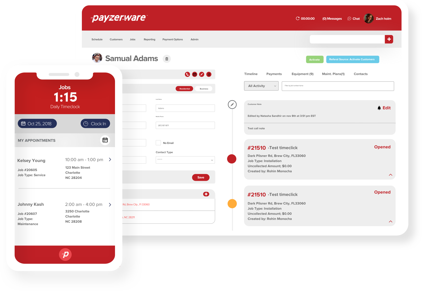 Images of Payzerware software screens, showing appointments and job types.