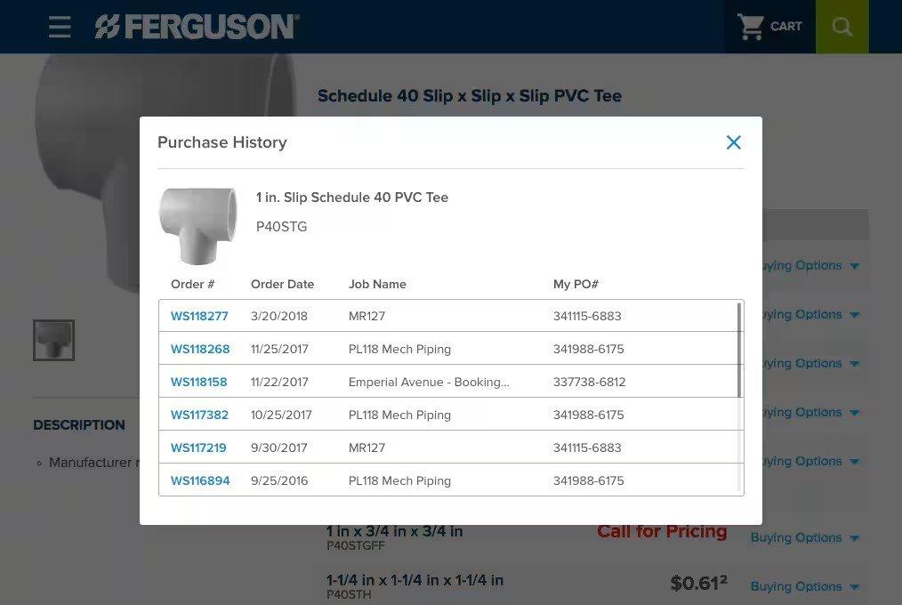 Popup window over PVC Tee product with complete purchase history, dates, job name and purchase order numbers listed.