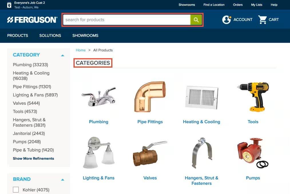 View of Ferguson products page with Categories along the top outlined in red.