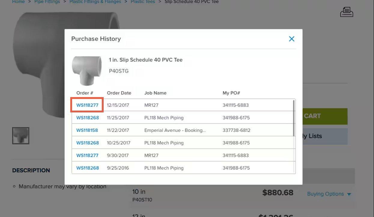 Popup window over PVC Tee product with complete purchase history, with an order number outlined in red.