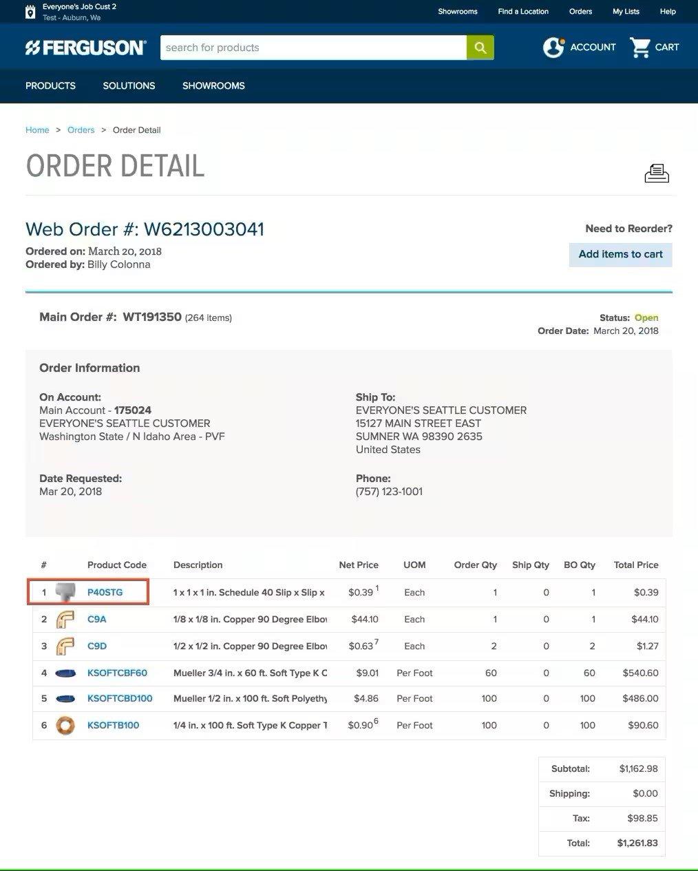 Screen of order detail for selected order, with all the products purchased in that order listed.