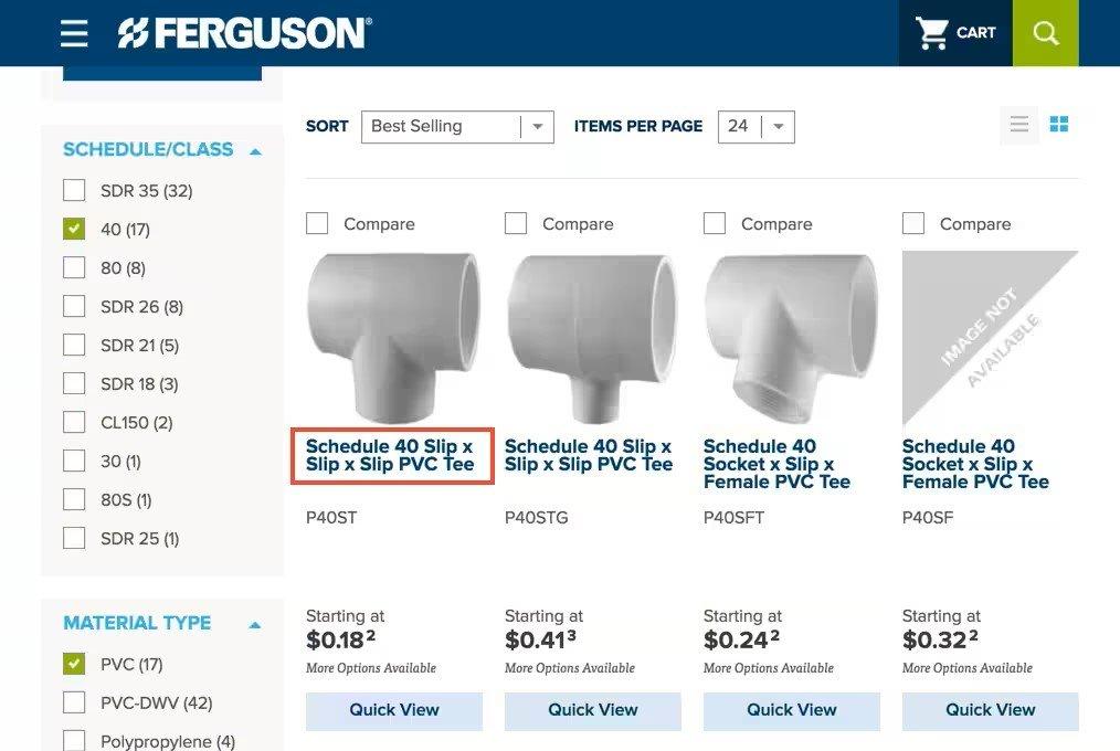 View of Ferguson best selling products page with Schedule 40 and PVC material type checked on the left and a Schedule 40 Slip x Slip x Slip PVC Tee product outlined in red.