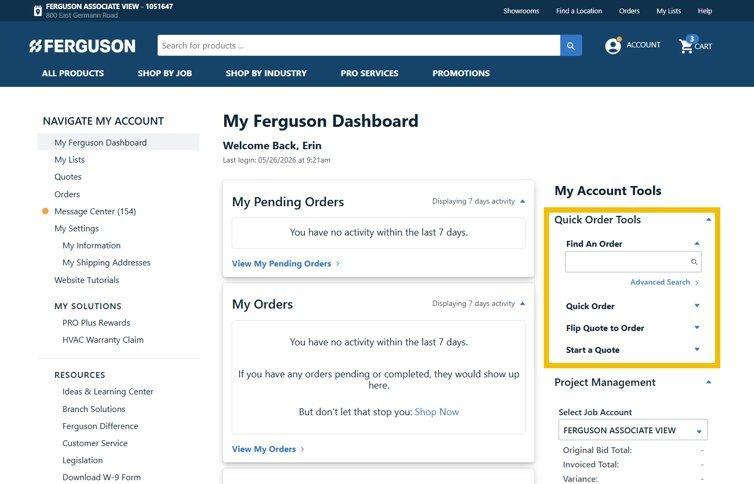 Screenshot of the Dashboard on ferguson.com, with the Quick Tools menu on the right outlined in yellow.